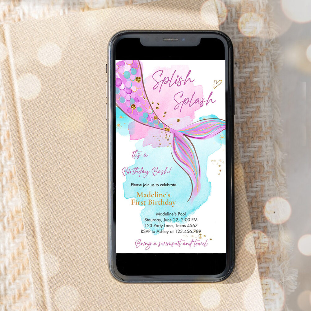editable mermaid birthday party evite electronic girl pink purple gold mermaid birthday under the sea download phone template 2