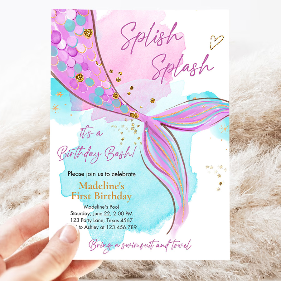 editable mermaid birthday party invitation girl pink purple gold mermaid birthday under the sea party 3