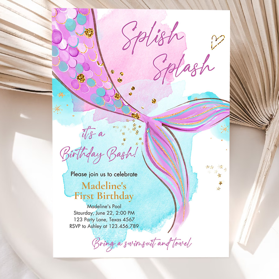 editable mermaid birthday party invitation girl pink purple gold mermaid birthday under the sea party 5