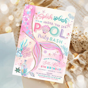 editable mermaid under the sea pool party invitation girl birthday invite party birthday invite printable template 1