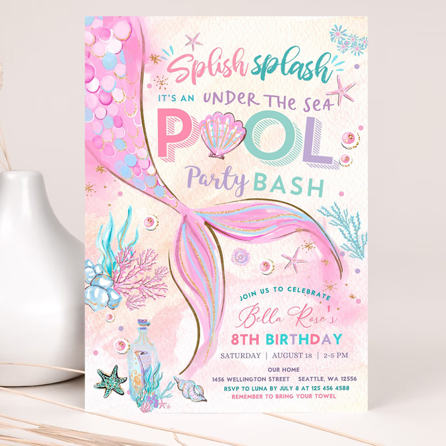 editable mermaid under the sea pool party invitation girl birthday invite party birthday invite printable template 2