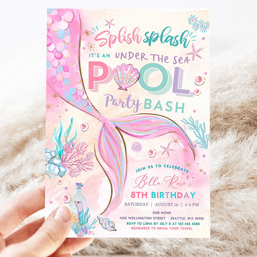 editable mermaid under the sea pool party invitation girl birthday invite party birthday invite printable template 3