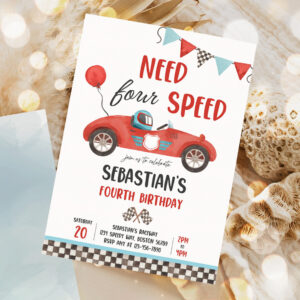 editable need four speed race car 4th birthday invitation boy vintage red race car 4th birthday party need 4 speed party 1