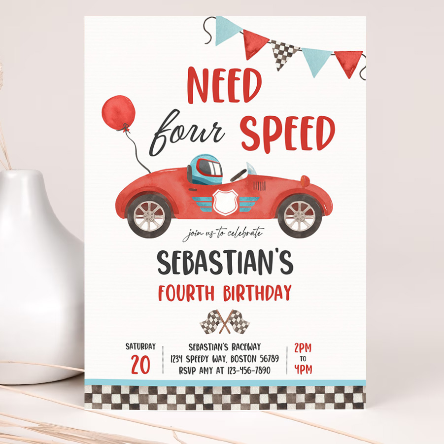 editable need four speed race car 4th birthday invitation boy vintage red race car 4th birthday party need 4 speed party 2