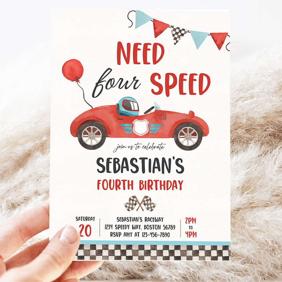 editable need four speed race car 4th birthday invitation boy vintage red race car 4th birthday party need 4 speed party 3