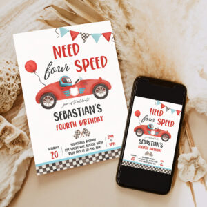 editable need four speed race car 4th birthday invitation boy vintage red race car 4th birthday party need 4 speed party 6