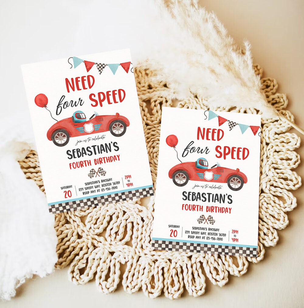 editable need four speed race car 4th birthday invitation boy vintage red race car 4th birthday party need 4 speed party 7