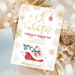 editable oh what fun winter birthday invitation red winter sleigh birthday christmas holiday sleigh party 1