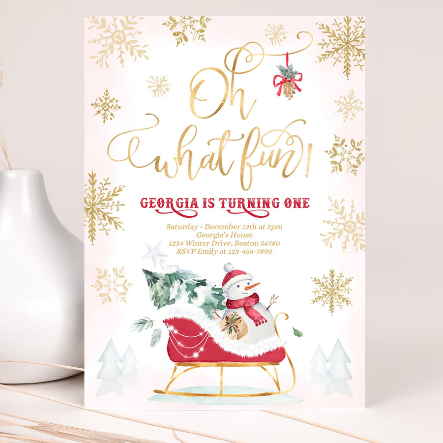 editable oh what fun winter birthday invitation red winter sleigh birthday christmas holiday sleigh party 2