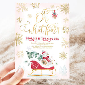 editable oh what fun winter birthday invitation red winter sleigh birthday christmas holiday sleigh party 3