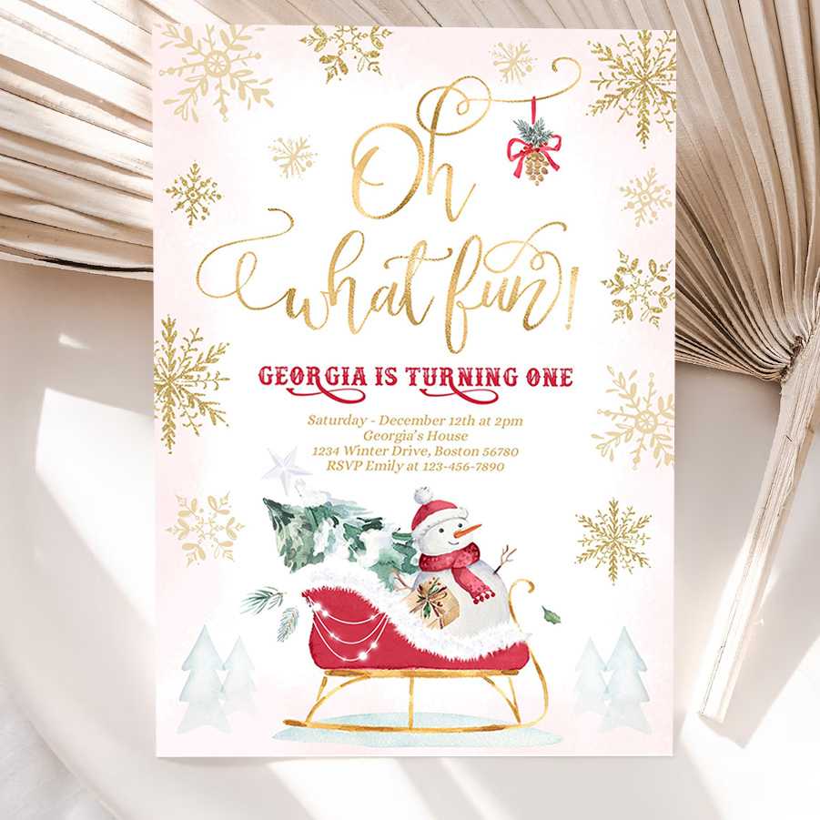editable oh what fun winter birthday invitation red winter sleigh birthday christmas holiday sleigh party 5