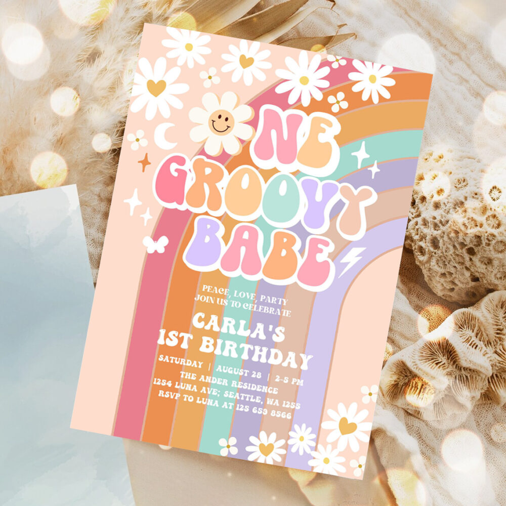 editable one groovy babe invite daisy rainbow groovy 1st birthday invite hippie retro 1st birthday invitation 1