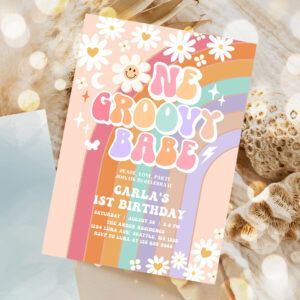 editable one groovy babe invite daisy rainbow groovy 1st birthday invite hippie retro 1st birthday invitation 1