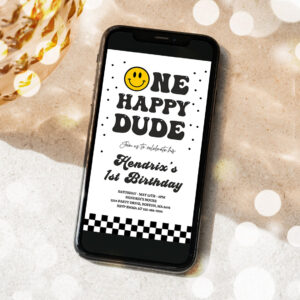 editable one happy dude birthday evite boy 1st birthday invitation smiley face birthday girl download phone template