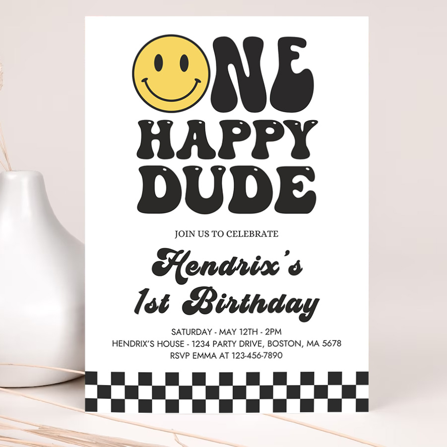 editable one happy dude birthday invitation smiley face 1st birthday invitation one cool dude 1st birthday hipster party invites 2