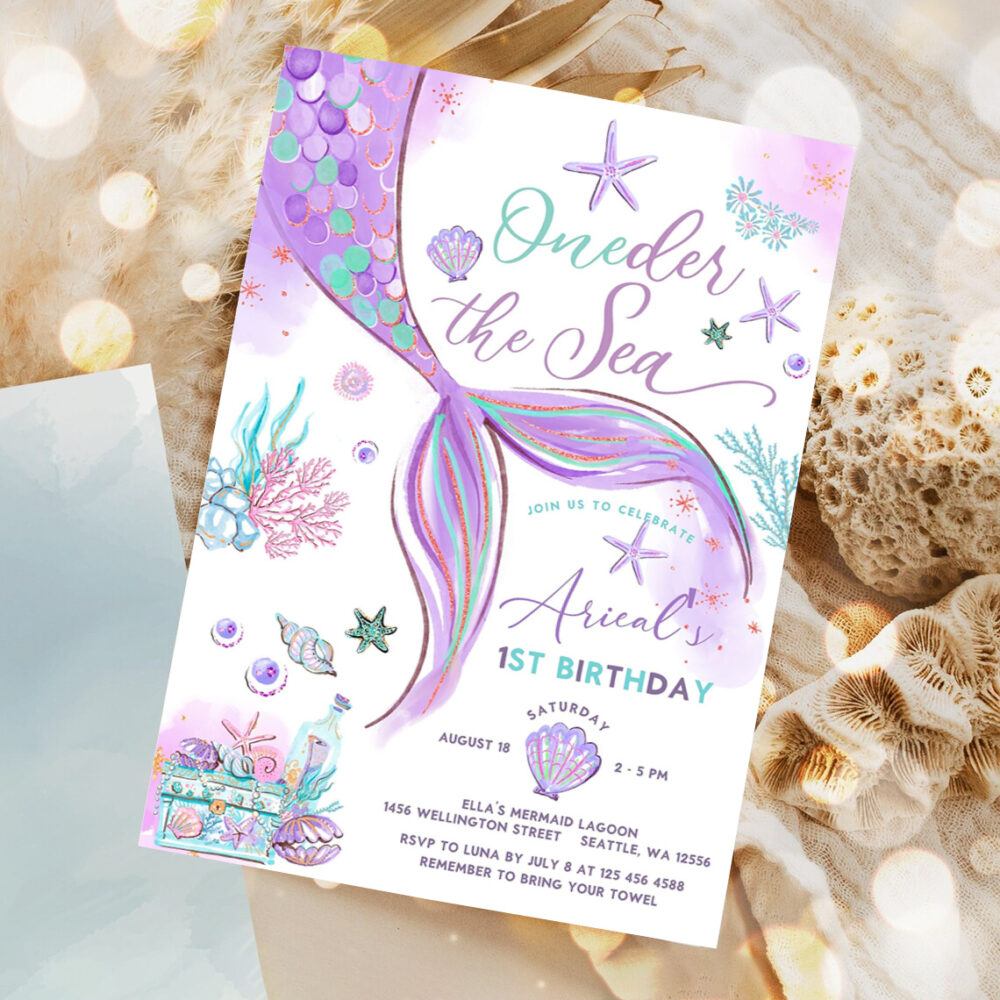 editable oneder the sea mermaid purple teal first 1st mermaid birthday little mermaid invite printable template 1