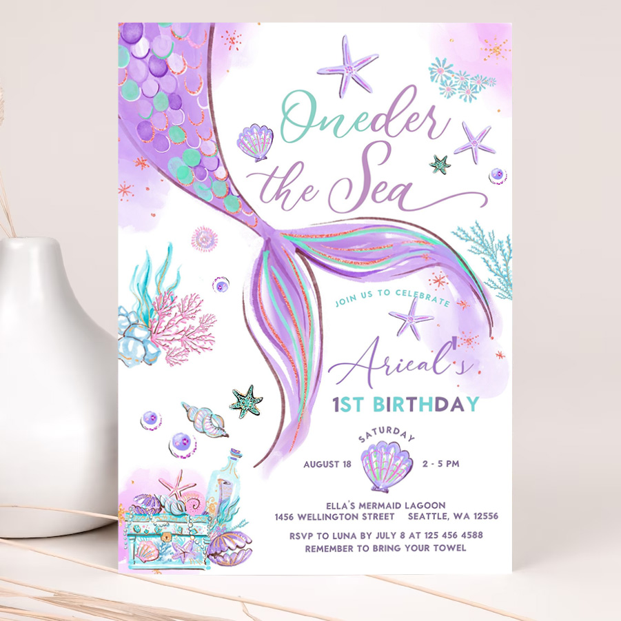 editable oneder the sea mermaid purple teal first 1st mermaid birthday little mermaid invite printable template 2