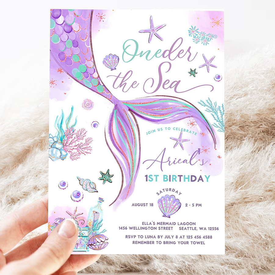 editable oneder the sea mermaid purple teal first 1st mermaid birthday little mermaid invite printable template 3