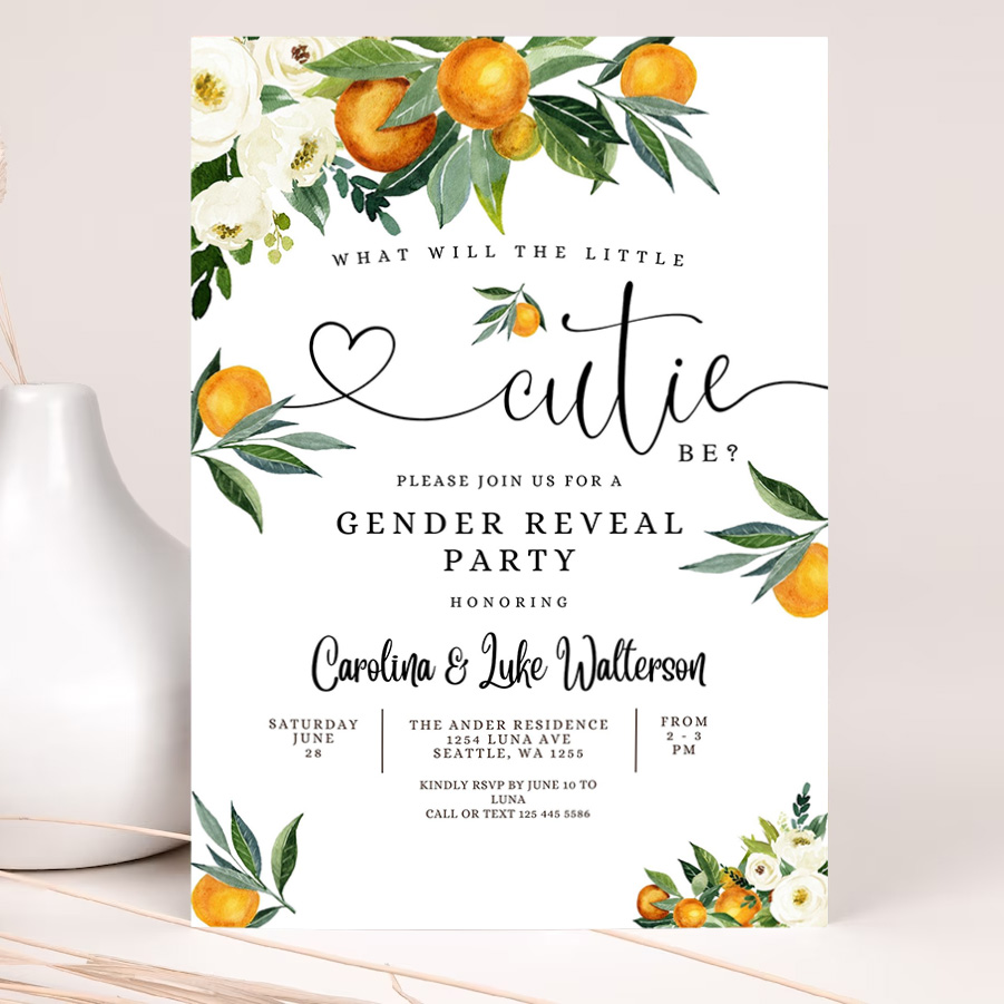 editable orange gender reveal party invitation a little cutie is on the way citrus gender reveal invites template 2