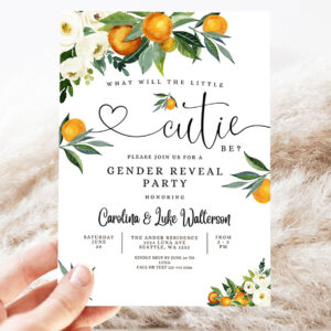 editable orange gender reveal party invitation a little cutie is on the way citrus gender reveal invites template 3