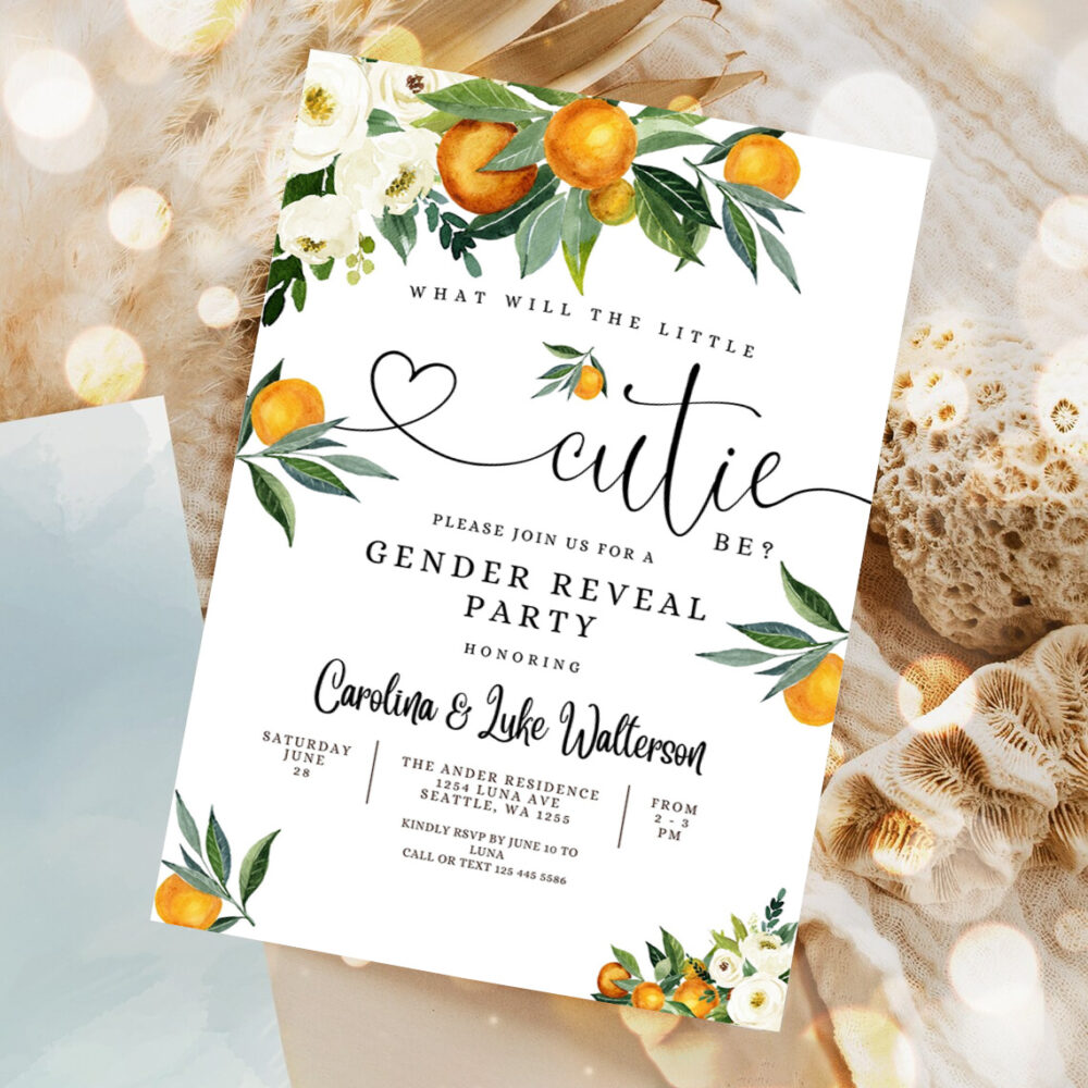 editable orange gender reveal party invitation a little cutie is on the way citrus gender reveal invites template 5