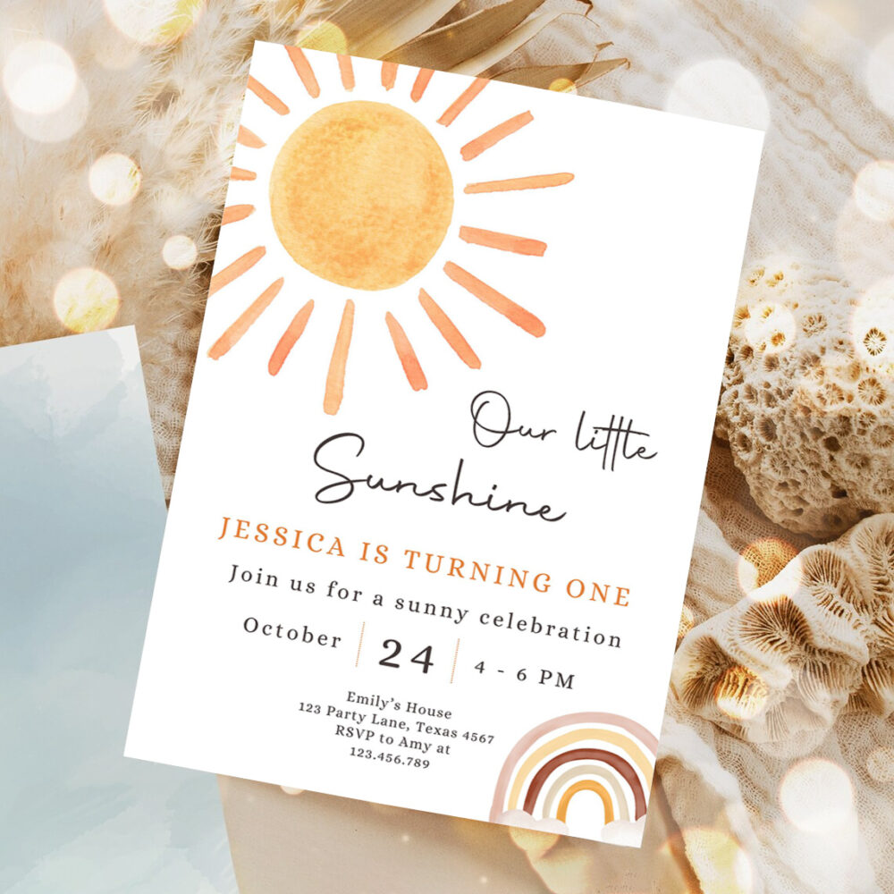 editable our little sunshine birthday invitation 1st you are my sunshine party neutral boho download printable template 1