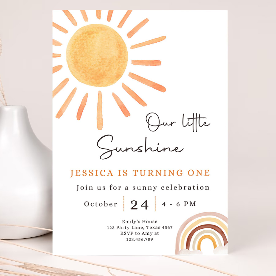 editable our little sunshine birthday invitation 1st you are my sunshine party neutral boho download printable template 2