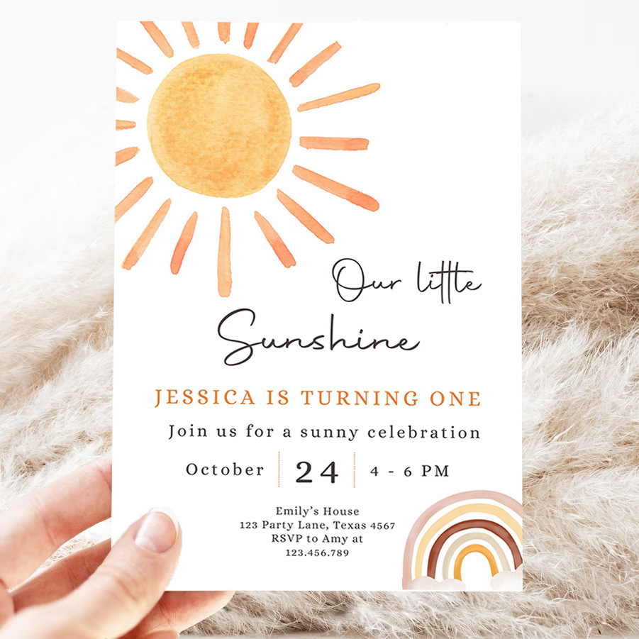 editable our little sunshine birthday invitation 1st you are my sunshine party neutral boho download printable template 3