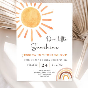 editable our little sunshine birthday invitation 1st you are my sunshine party neutral boho download printable template 5