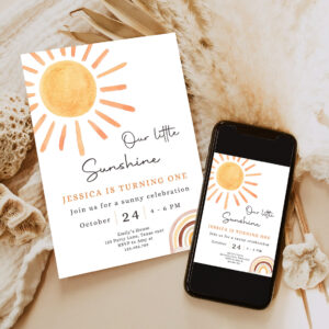 editable our little sunshine birthday invitation 1st you are my sunshine party neutral boho download printable template 6