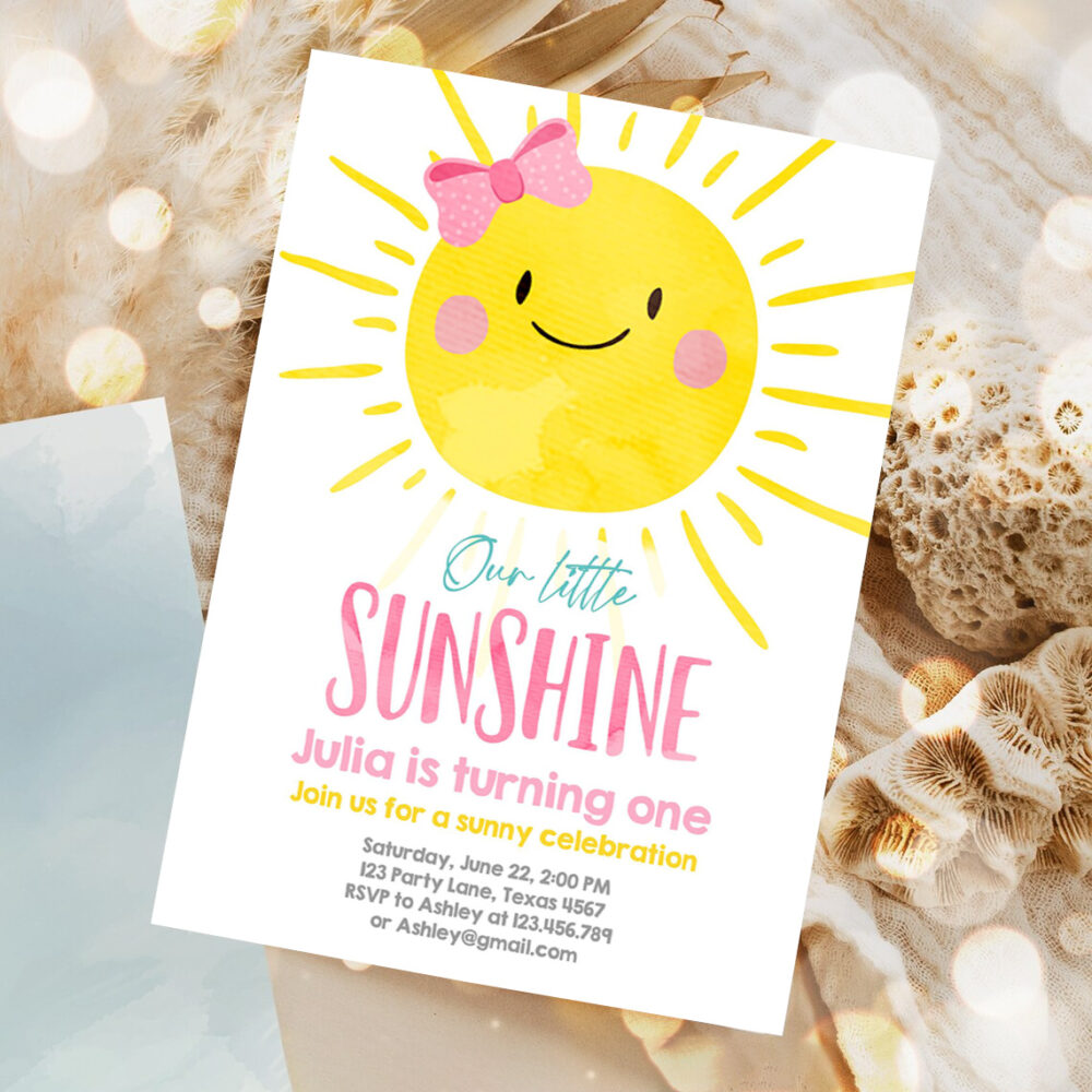 editable our little sunshine birthday invitation you are my sunshine first birthday 1st party pink girl bow party 1