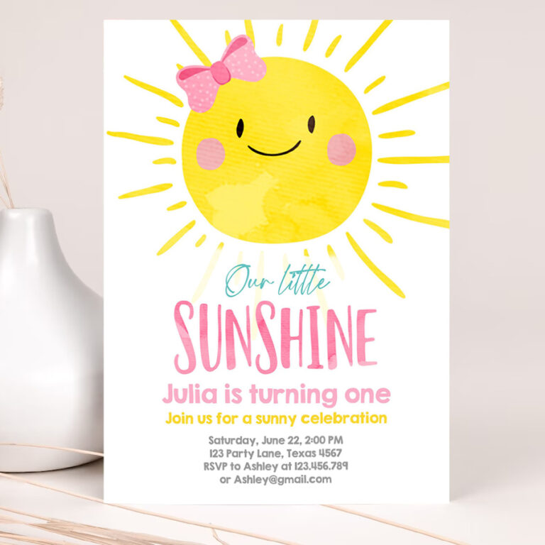 editable our little sunshine birthday invitation you are my sunshine first birthday 1st party pink girl bow party 2
