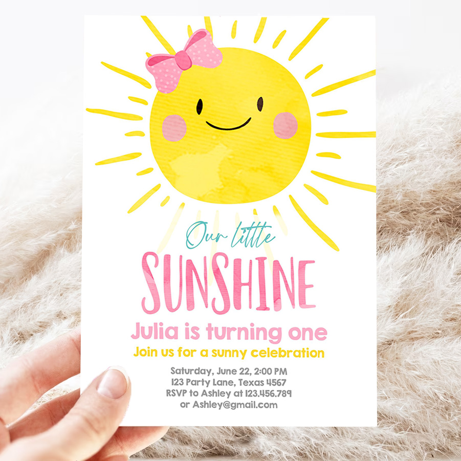 editable our little sunshine birthday invitation you are my sunshine first birthday 1st party pink girl bow party 3