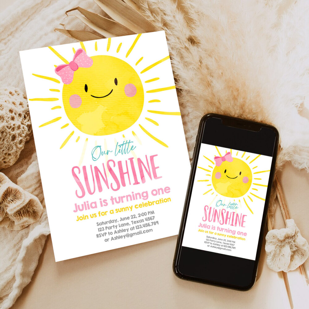 editable our little sunshine birthday invitation you are my sunshine first birthday 1st party pink girl bow party 6