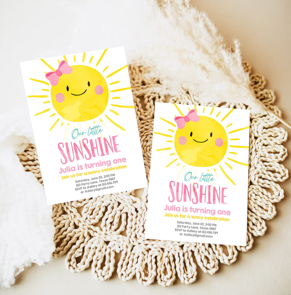 editable our little sunshine birthday invitation you are my sunshine first birthday 1st party pink girl bow party 7