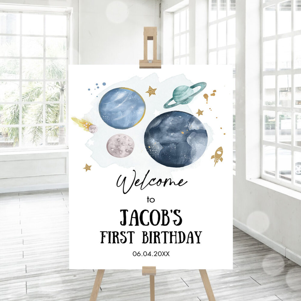 editable outer space birthday welcome sign 1st birthday boy galaxy planets trip around the sun astronaut party invitation 1