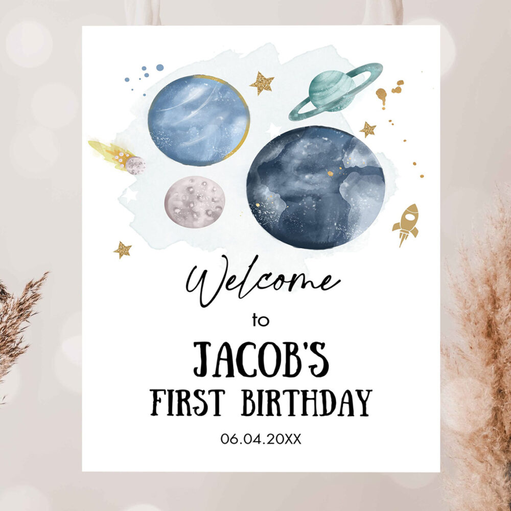 editable outer space birthday welcome sign 1st birthday boy galaxy planets trip around the sun astronaut party invitation 2