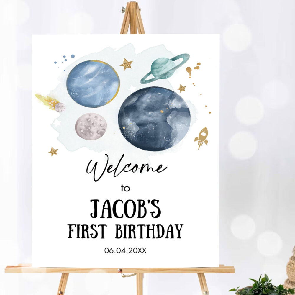 editable outer space birthday welcome sign 1st birthday boy galaxy planets trip around the sun astronaut party invitation 3