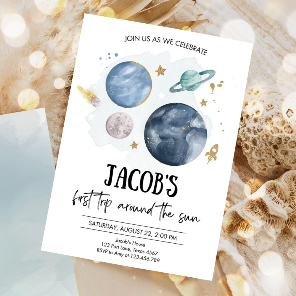 editable outer space first birthday invitation galaxy blast off first trip around the sun party invitation 1