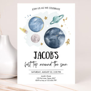 editable outer space first birthday invitation galaxy blast off first trip around the sun party invitation 2