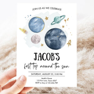 editable outer space first birthday invitation galaxy blast off first trip around the sun party invitation 3
