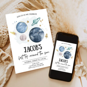 editable outer space first birthday invitation galaxy blast off first trip around the sun party invitation 6