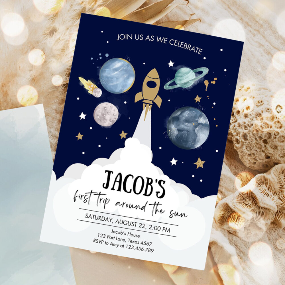 editable outer space first birthday invitation galaxy blast off first trip around the sun party invitation template 1
