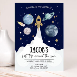 editable outer space first birthday invitation galaxy blast off first trip around the sun party invitation template 2