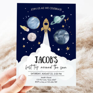 editable outer space first birthday invitation galaxy blast off first trip around the sun party invitation template 3