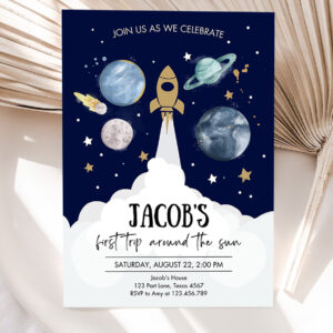 editable outer space first birthday invitation galaxy blast off first trip around the sun party invitation template 5