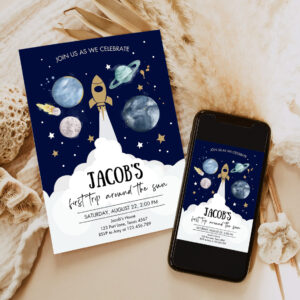 editable outer space first birthday invitation galaxy blast off first trip around the sun party invitation template 6