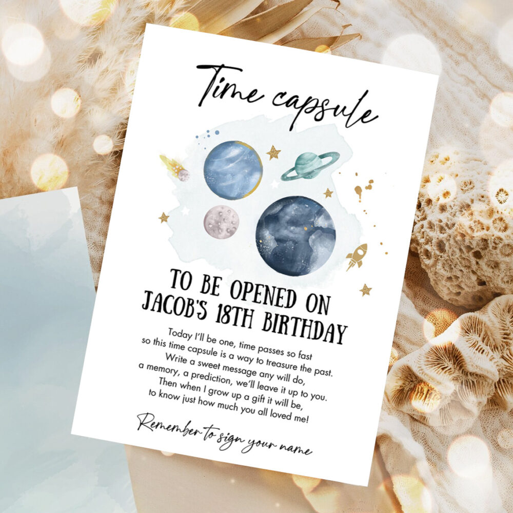 editable outer space time capsule first birthday party astronaut rocket space birthday moon planets guestbook party invitation 1