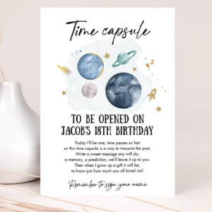 editable outer space time capsule first birthday party astronaut rocket space birthday moon planets guestbook party invitation 2