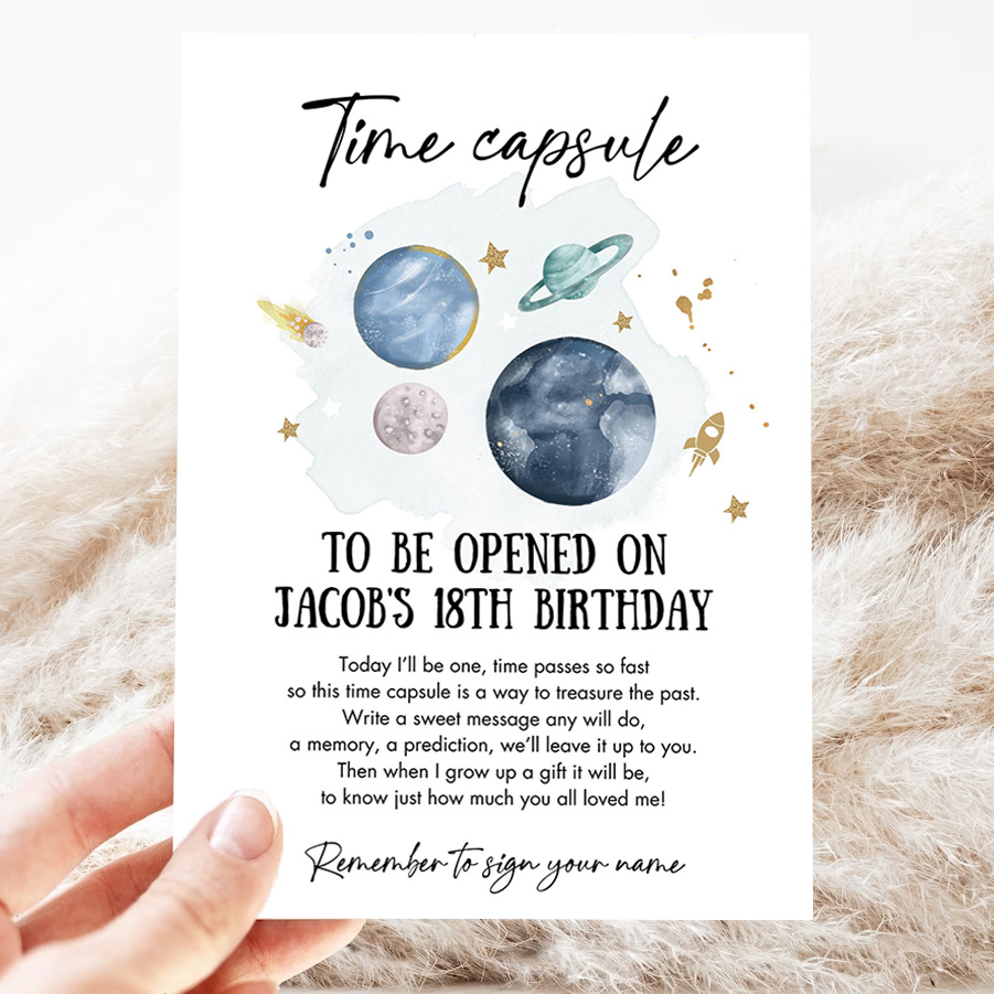 editable outer space time capsule first birthday party astronaut rocket space birthday moon planets guestbook party invitation 3